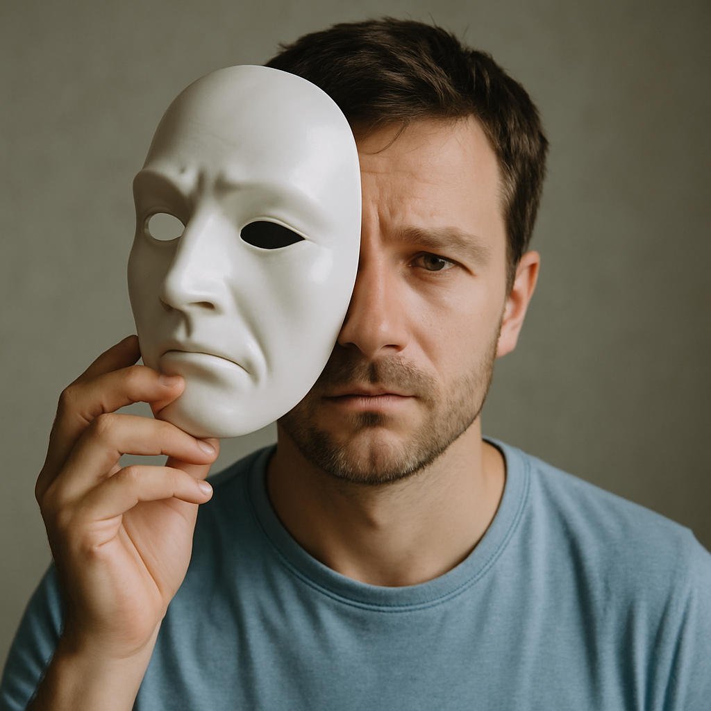 Person nimmt sich selbst die Maske ab – psychologische Spiele im Alltag und in Kundengesprächen