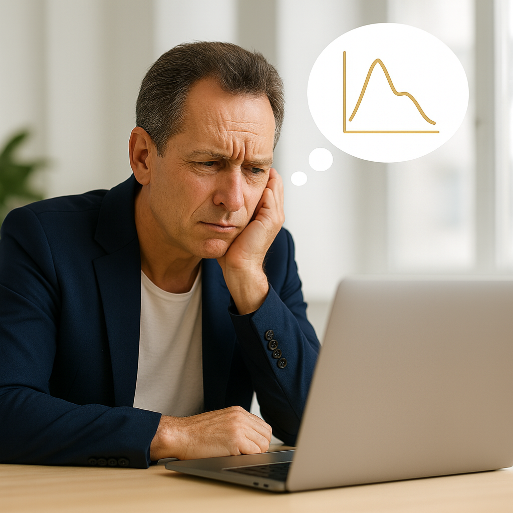 Unternehmensberater sitzt nachdenklich vor Laptop und denkt über eine Kurve mit Ausreißer nach – Symbol für den Denkfehler, den selbst Top-Berater machen.