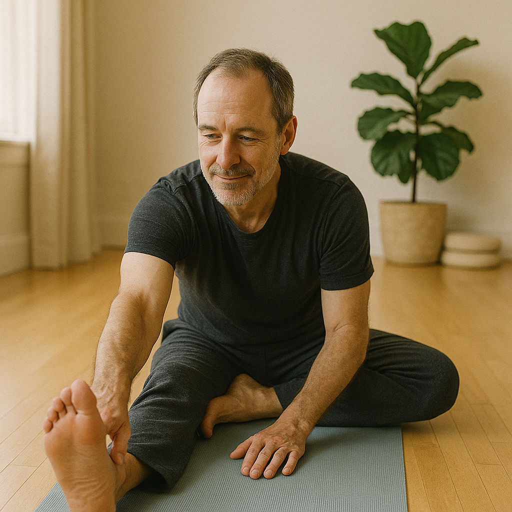 Fitness-Trainer dehnt achtsam auf einer Matte – Wirkungskern Heilung braucht Zeit