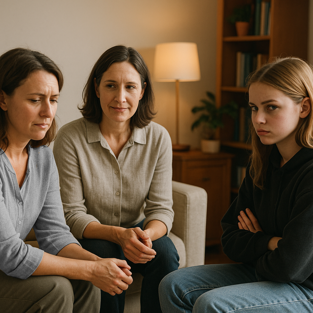 Psychologin im Gespräch mit Mutter und Teenager – Wirkungskern Beziehung durch Verstehen