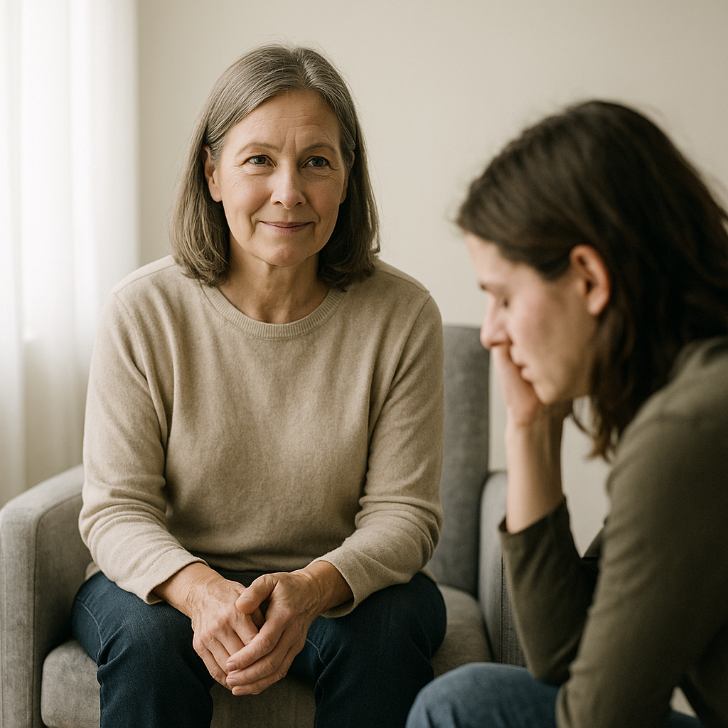 Psychologin hört einer erschöpften Frau zu – Wirkungskern Heilung durch Sicherheit und Würde