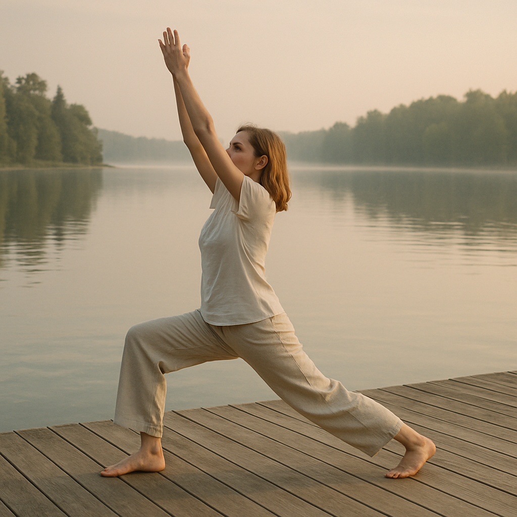 Yoga-Trainerin übt achtsam eine Pose am See – Wirkungskern Leichtigkeit statt Druck