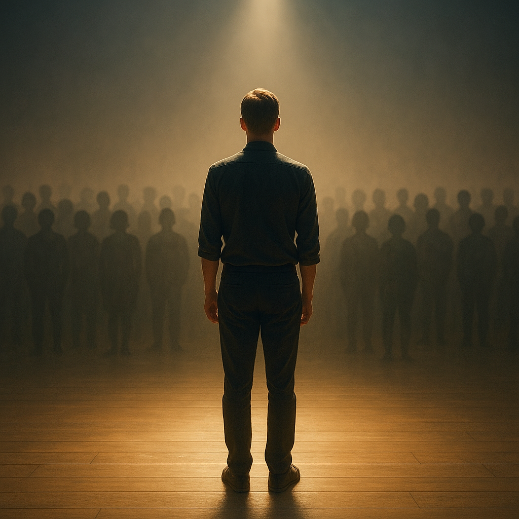 Eine einzelne Person steht im Scheinwerferlicht auf einer Bühne, während im Hintergrund unscharfe Silhouetten stehen – ein visuelles Symbol für Survivorship Bias, Überlebensirrtum, den Matthäus-Effekt, verzerrte Erfolgschancen und unsichtbares Scheitern.