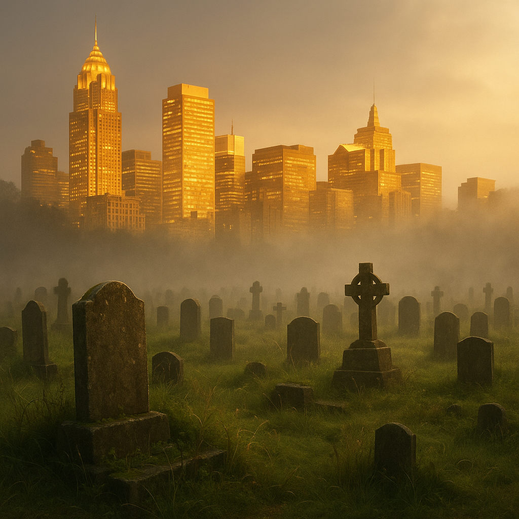 Survivorship Bias: Der Friedhof des Überlebensirrtums Ein nebelverhangener Friedhof im Vordergrund und eine goldene Skyline im Hintergrund symbolisieren den Survivorship Bias: sichtbarer Erfolg versus unsichtbares Scheitern und verzerrte Erfolgschancen.