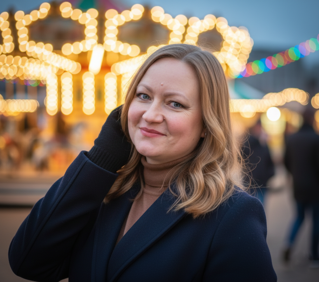 Julia Ruppel auf einem Weihnachtsmarkt – ruhig lächelndes Porträt zum Thema glücklich leben und innere Zufriedenheit