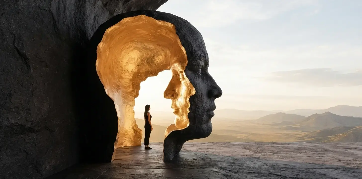 Positionierung, die Kaufentscheidungen auslösen kannkaufentscheidung-aeusseres-und-inneres-gesicht_ Zwei sich begegnende Gesichter, eines aus dunklem Stein, eines aus Gold, Sinnbild für sichtbares Angebot und tatsächliche Kaufentscheidung bei einer klaren Positionierung